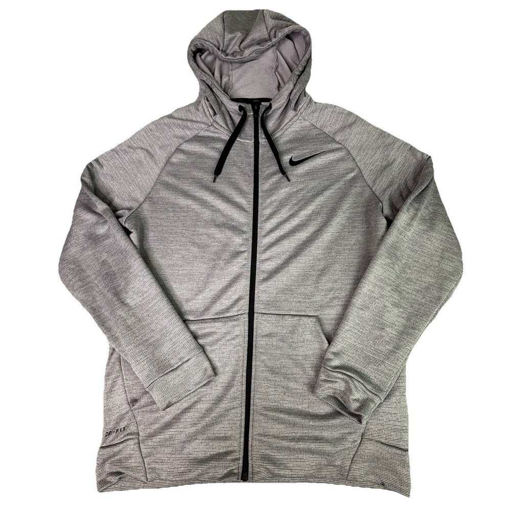 Nike Dri Fit Mens Medium Gray Striped Full Zip Hoodie Jacket Swoosh Performance